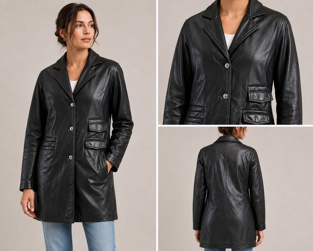 Vintage 90s GV Black Leather Long Blazer Coat Women S Handmade Italy